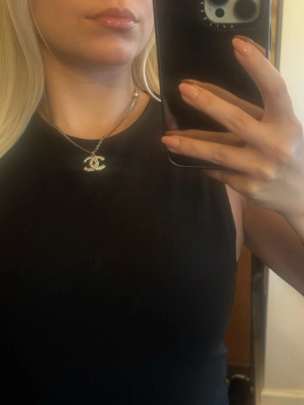 CHANEL Gold CC Logo Chain Necklace with Pearl Accent-21A